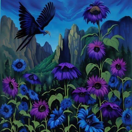 High Gothic Sunflower Field in Watercolor Gouache Style