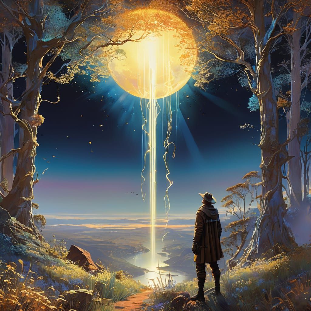 Surreal Figure Reaching for Light in Dreamlike Fantasy