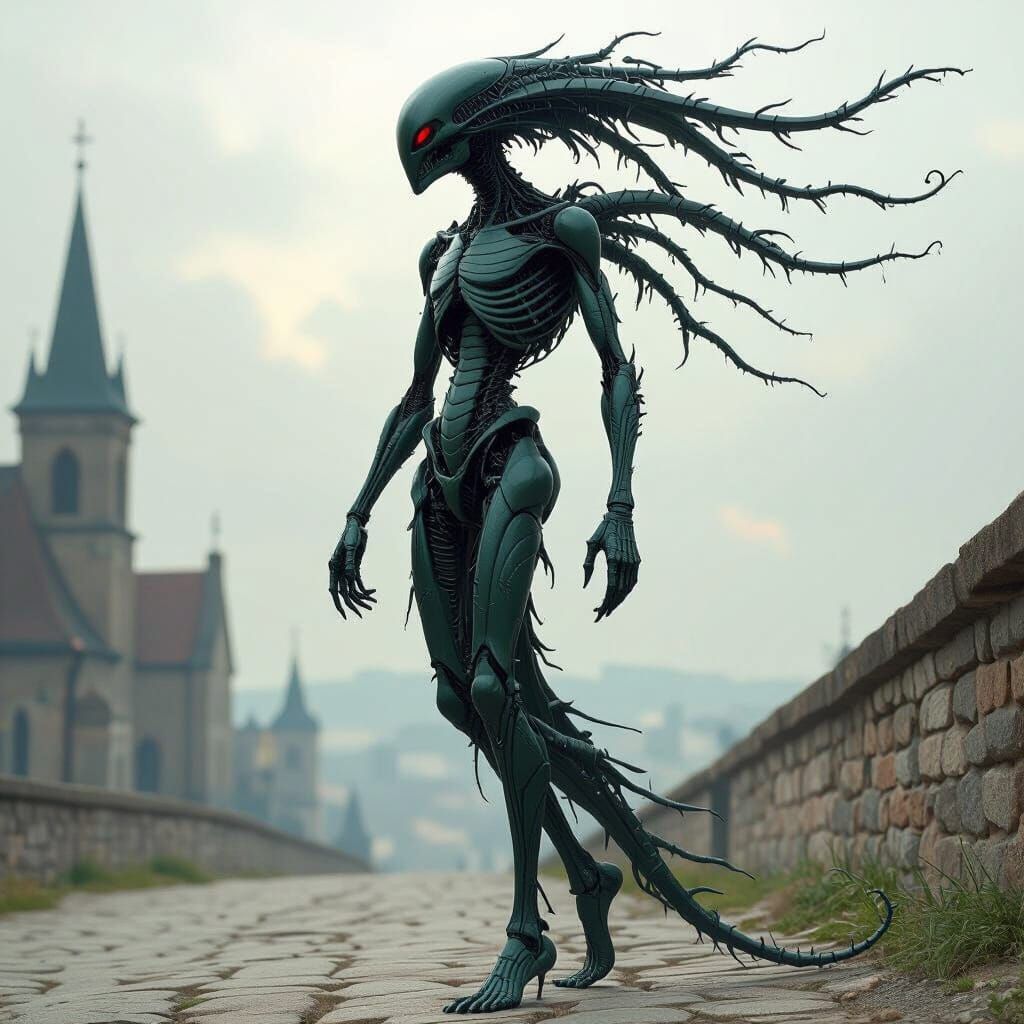 Surreal Vertebrae Figure in Dark, Ethereal Style