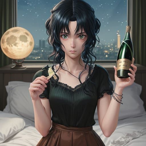 Anime Key Visual of a Curly-Headed Emo Girl in a Moonlit Nig...