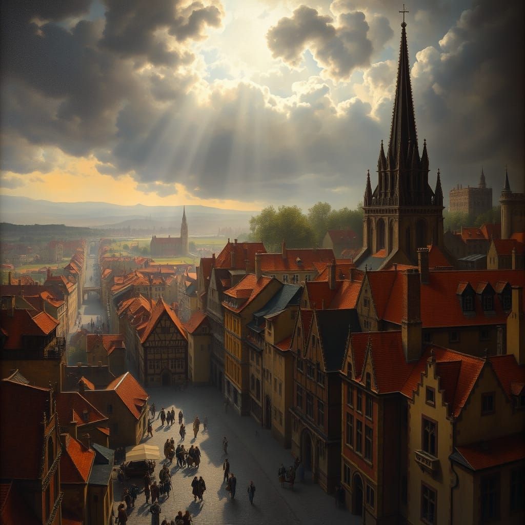 Medieval Cityscape in Lucas Cranach Style Oil Painting