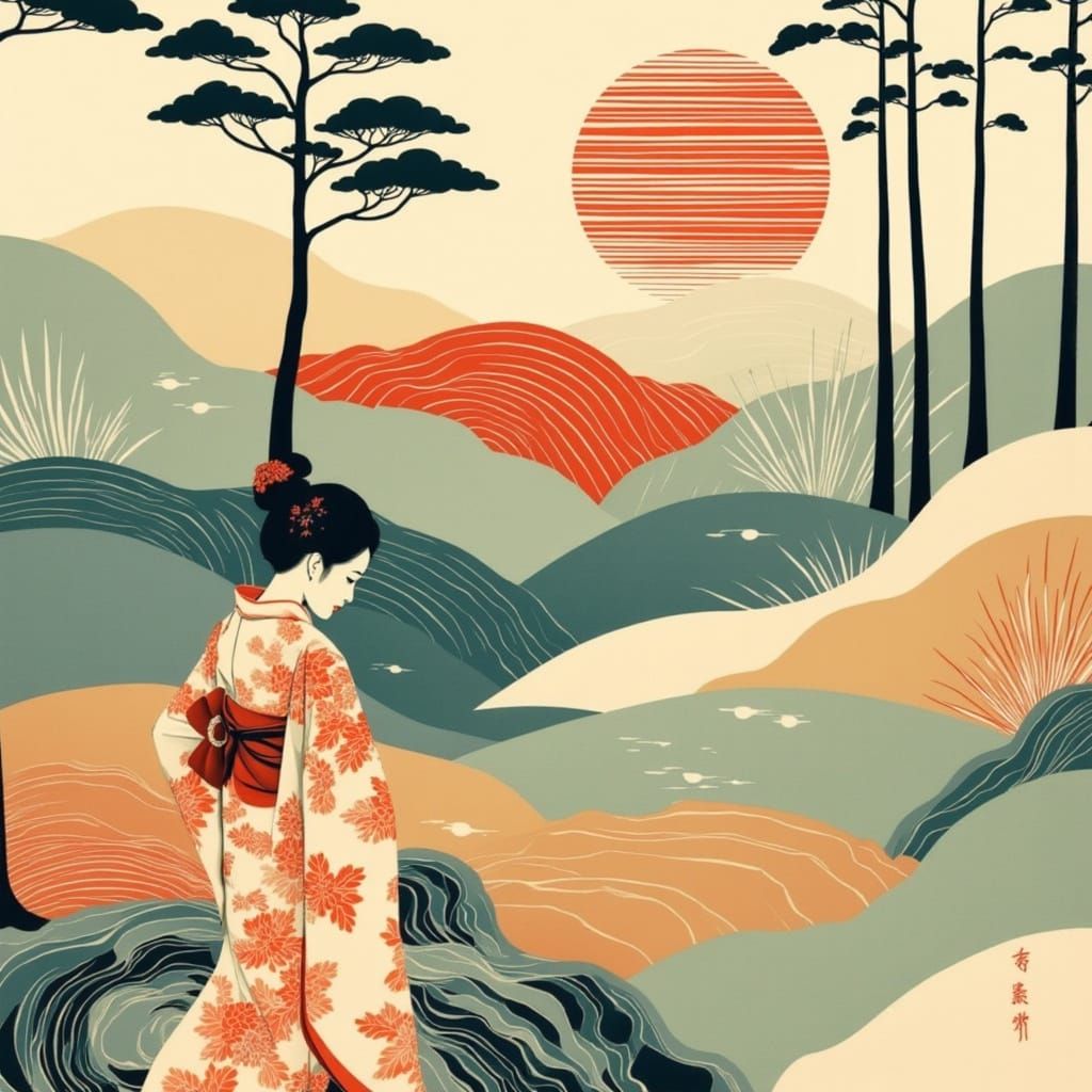 Surreal Japanese Landscape in Vintage Style