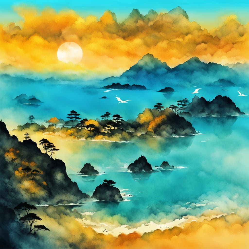 Serene Japanese Ink Island in Golden Light