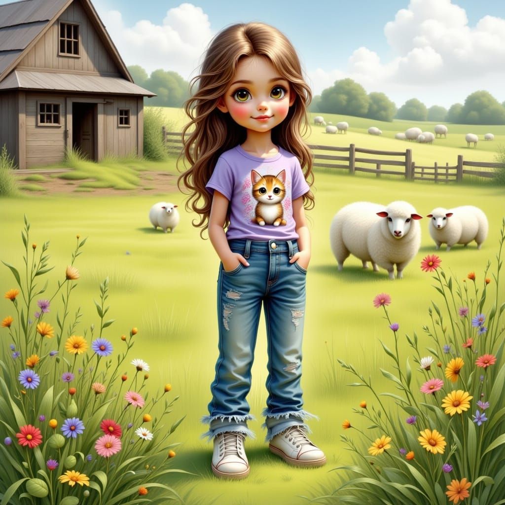 Whimsical Farm Girl in Lush Meadow