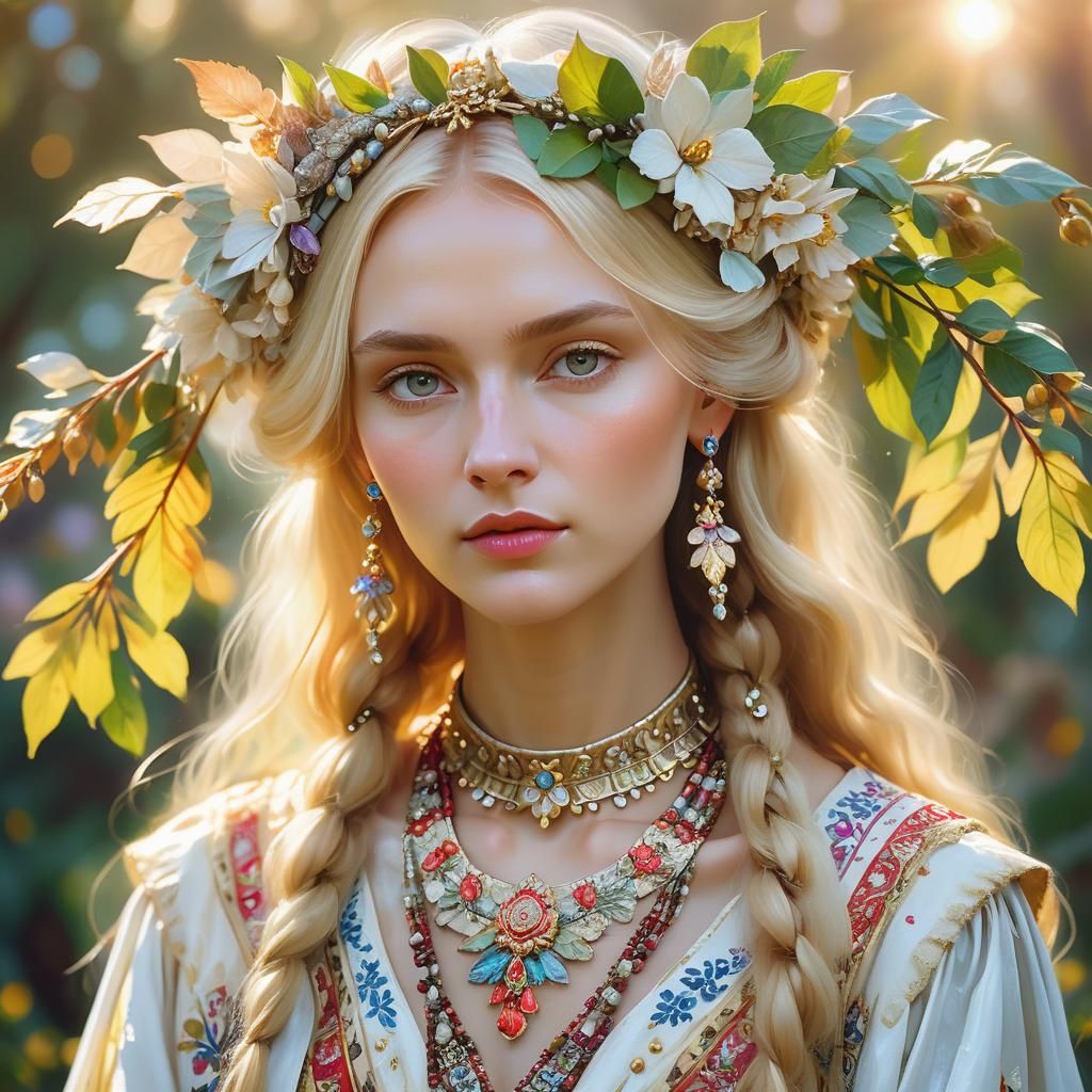 Slavic Girl in Garden: Impressionist Portrait