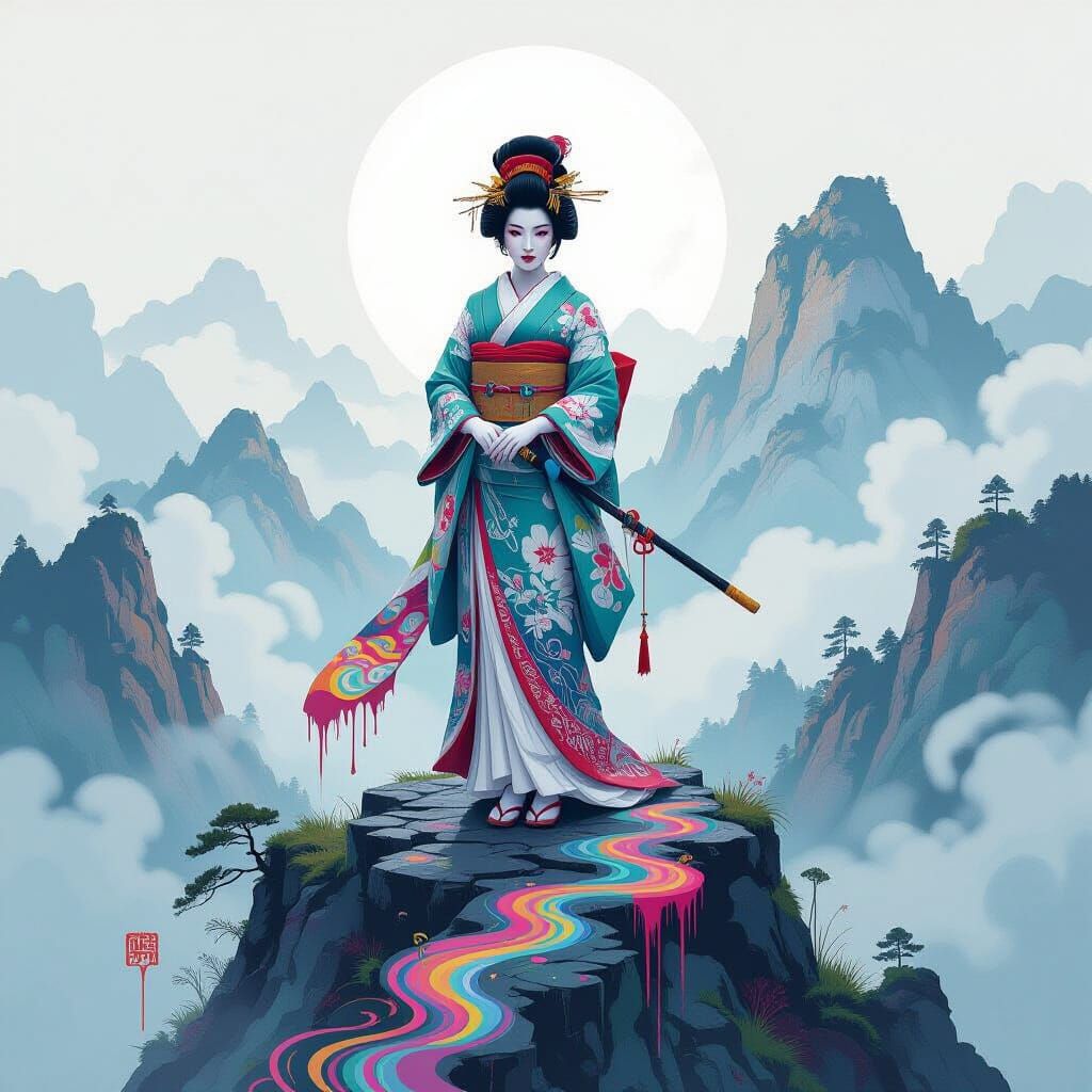 Geisha on Misty Peak in Graffiti Art Style