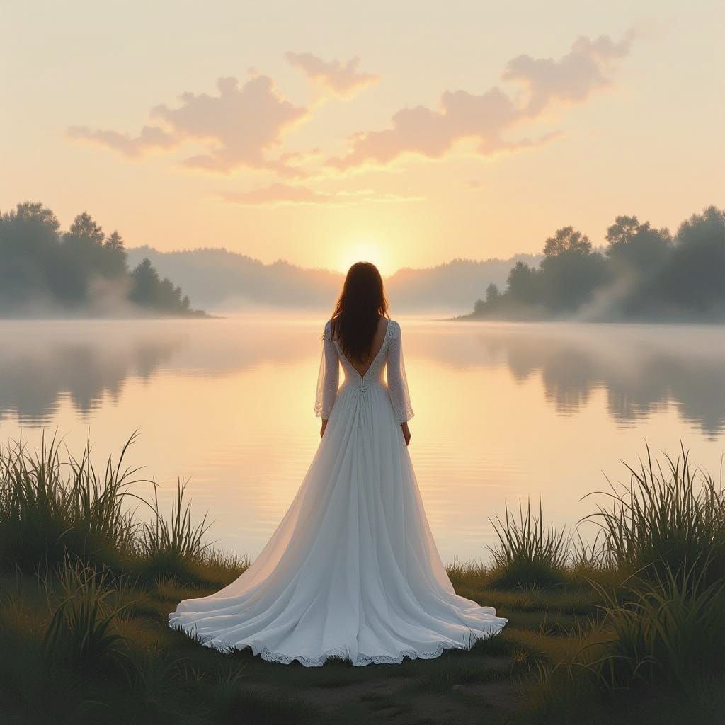 Ethereal Dawn Maiden Contemplates Serene Lake Landscape