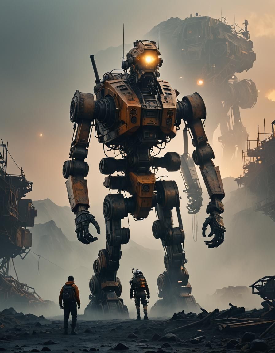 Futuristic Mech Dominates Alien Landscape at Golden Hour