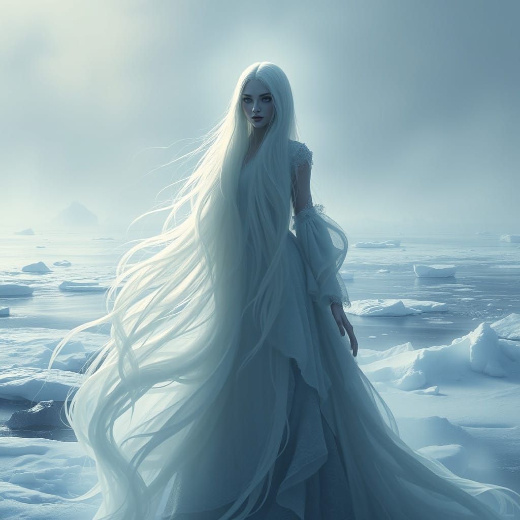 Ethereal Mermaid in Icy Gown amidst Frozen Ocean and Mystica...