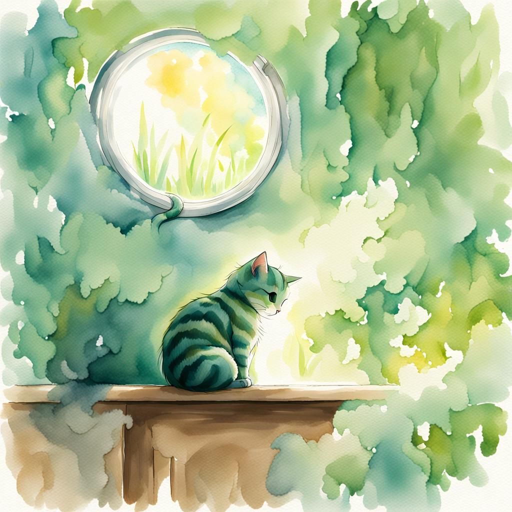 Cat on Windowsill in Watercolor Style