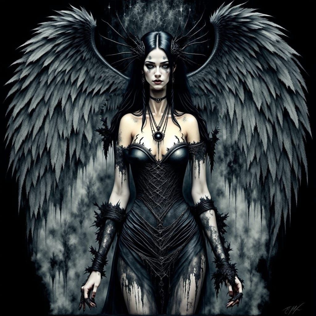 Macabre Watercolor of Fallen Angel with Dark Wings