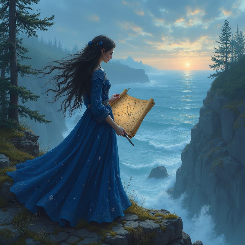 Dark Elf Cartographer Sketches Star Map: Froud and Lee Style