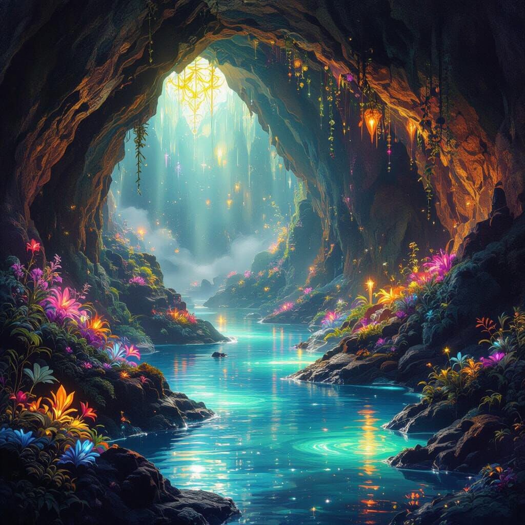 A bioluminescent crystal cave deep beneath the earth, where glowing flora illuminates the cavern walls and shimmering po...