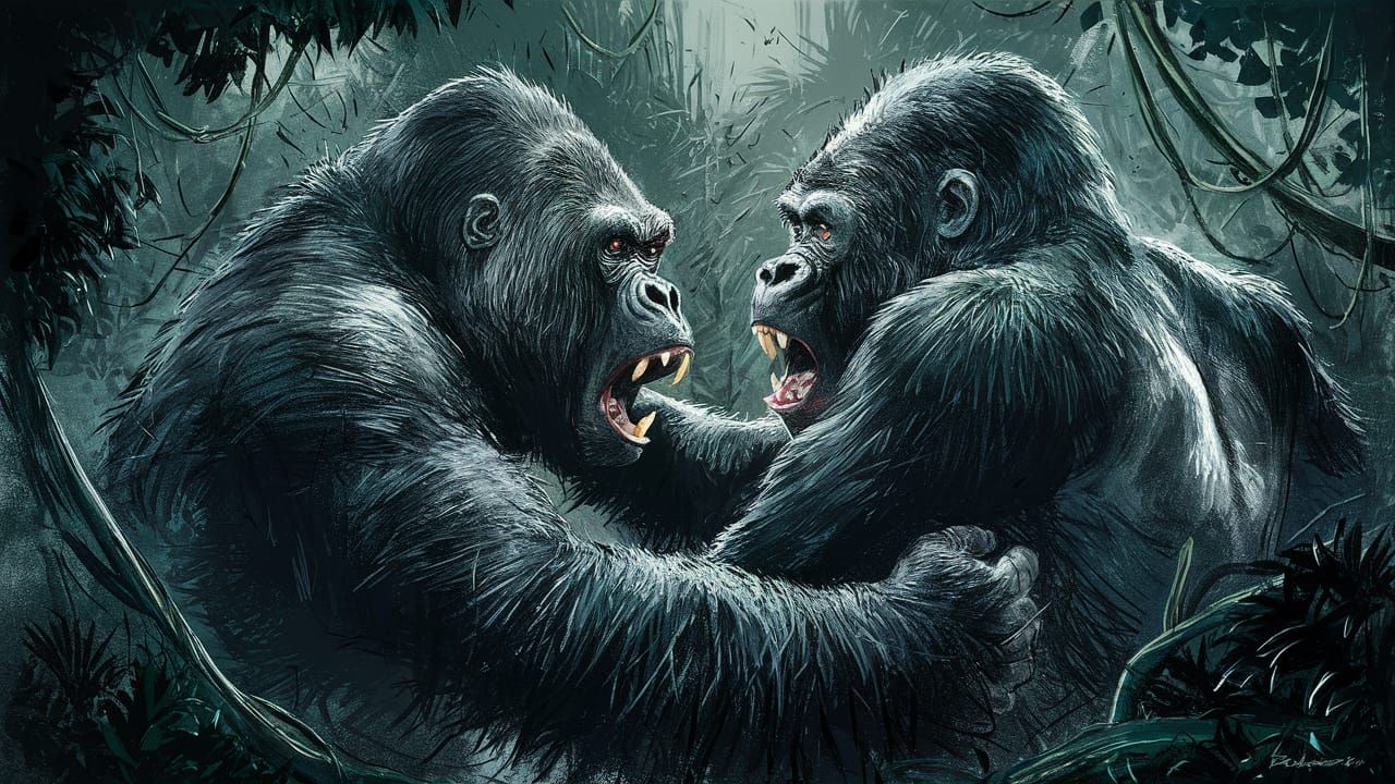 Emotive Action Painting of Gorillas Fighting in Jungle