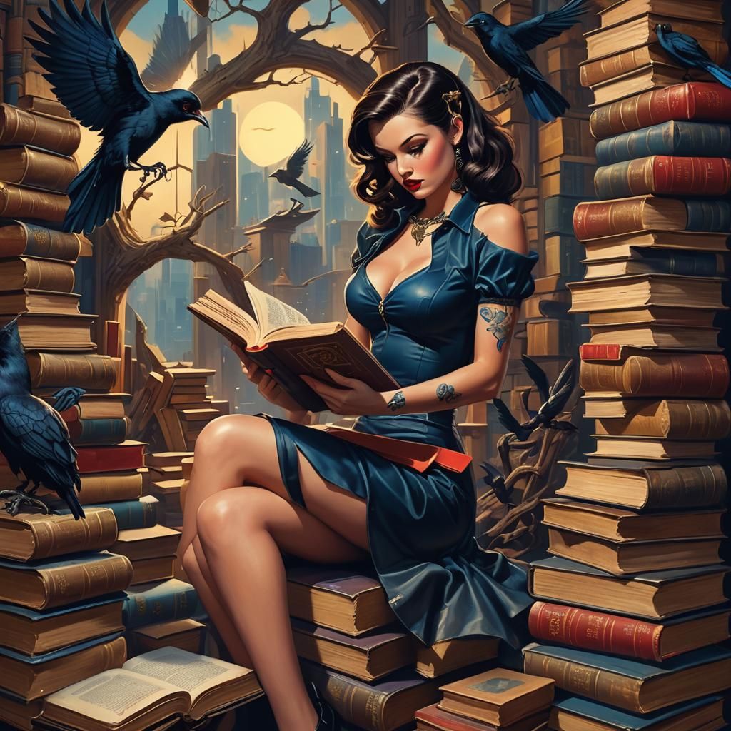 Retro-Futuristic Pin-Up Model Reading a Book