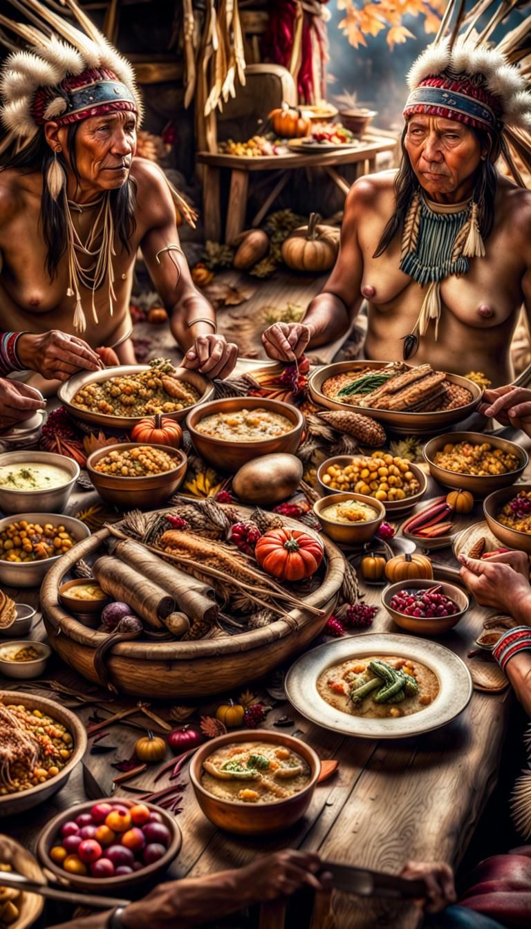 Native American Thanksgiving Feast in Hyperrealism