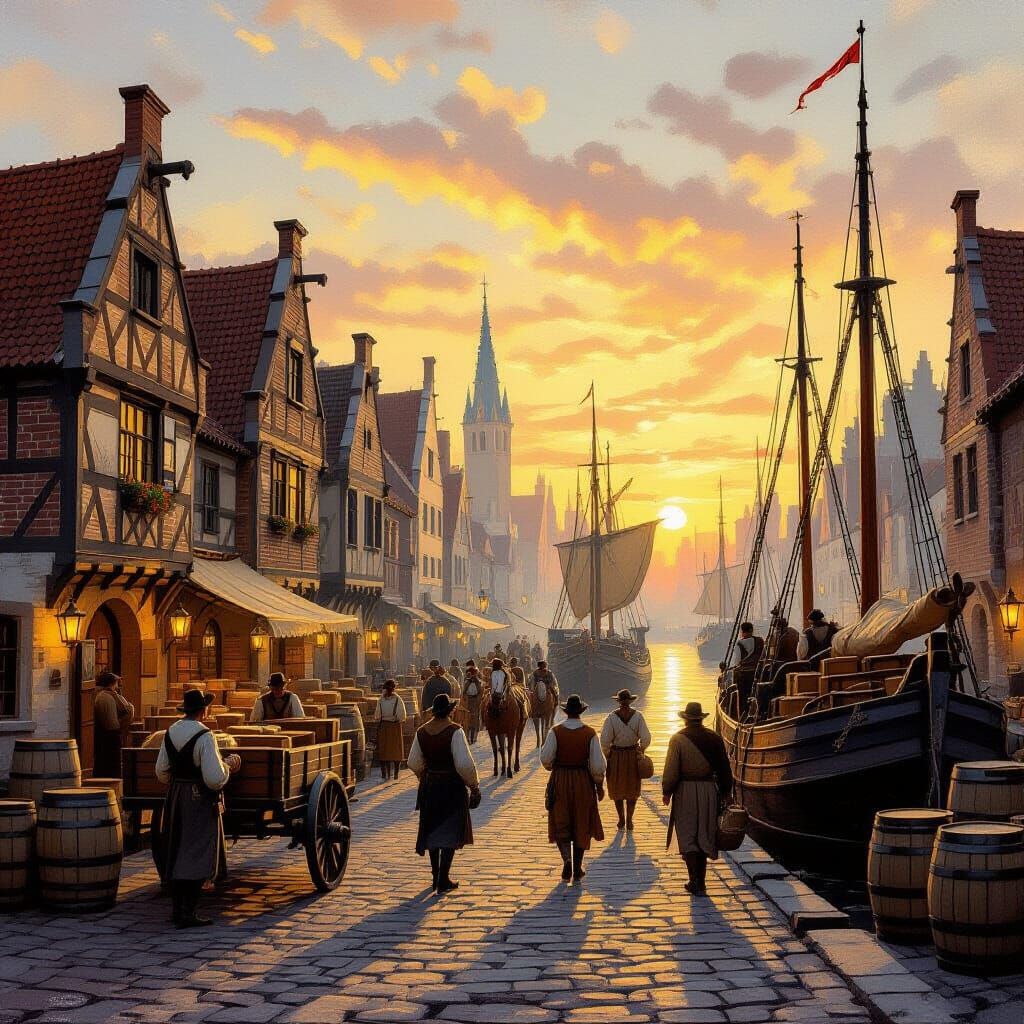 Medieval Harbor Scene at Sunset: Oil Painting