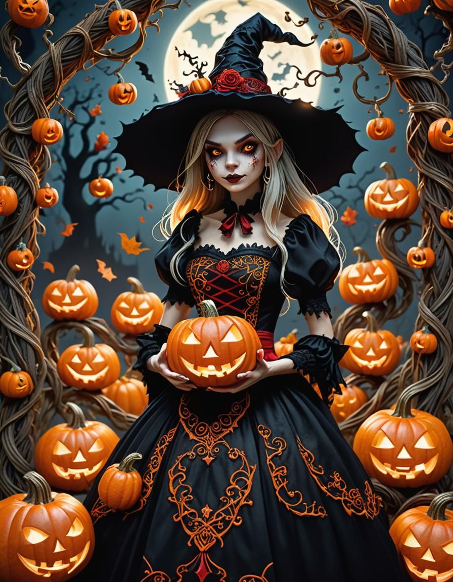 Ethereal Witch in a Jack-o'-Lantern Patch