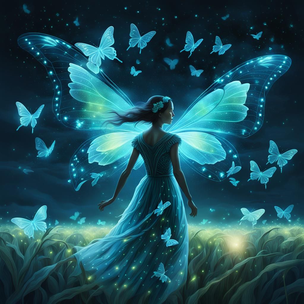 Luminous Butterflies in Dreamlike Night Field