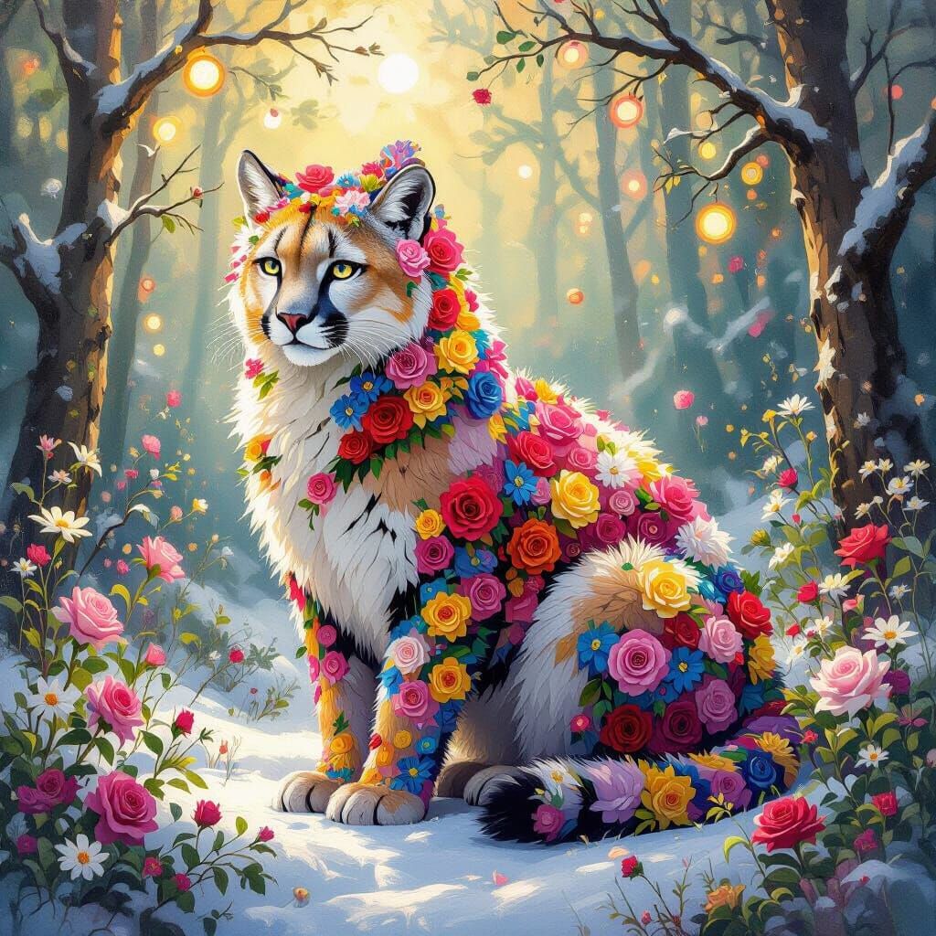 Floral Puma Serene in Enchanted Winter Forest
