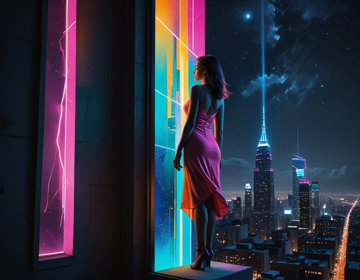 Surrealist Masterpiece: Woman Unveils Cosmic Skies with Neon...