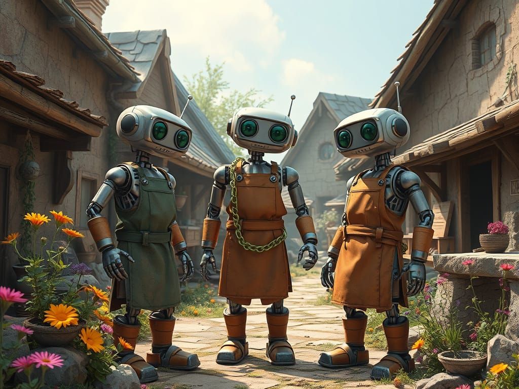 Artisan Robots Explore Ruined Workshop in Vibrant 3D