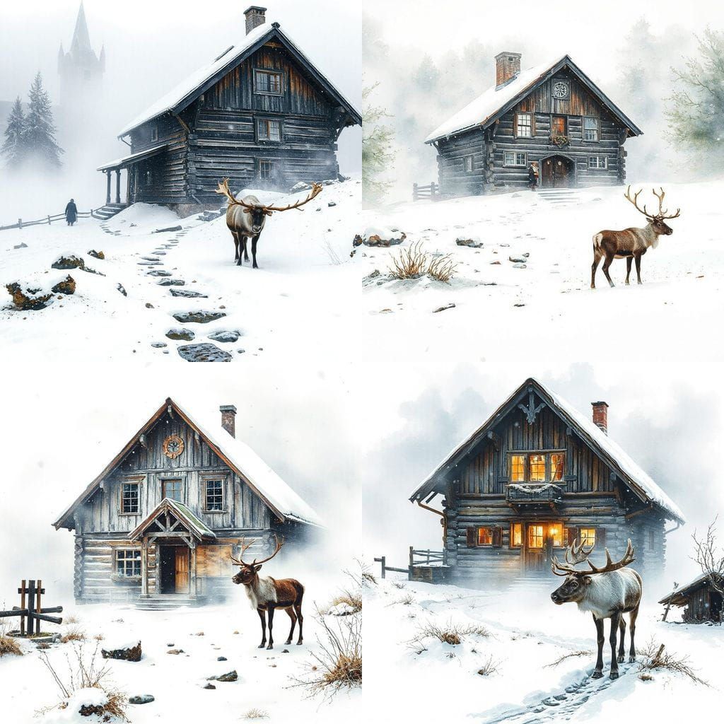Winter Norse Longhouse in Ethereal Watercolour Style
