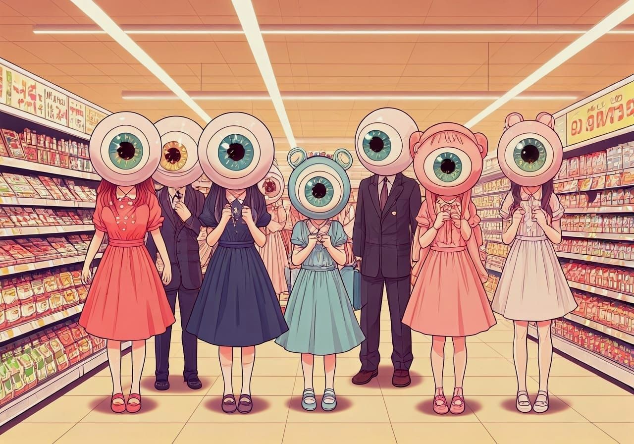 Kawaii Cartoon: People in Eyeball Masks in Supermarket