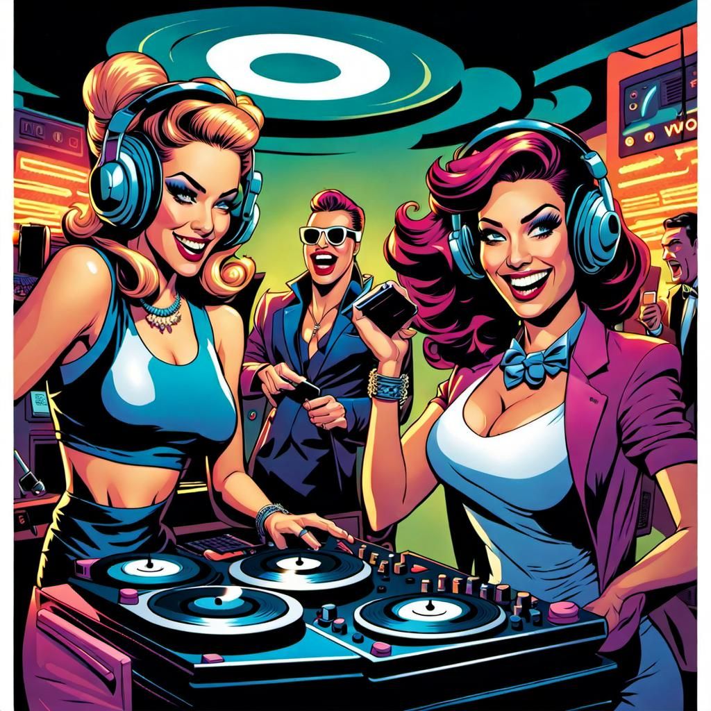 Girls DJing in a Funny Surreal Cartoon Style