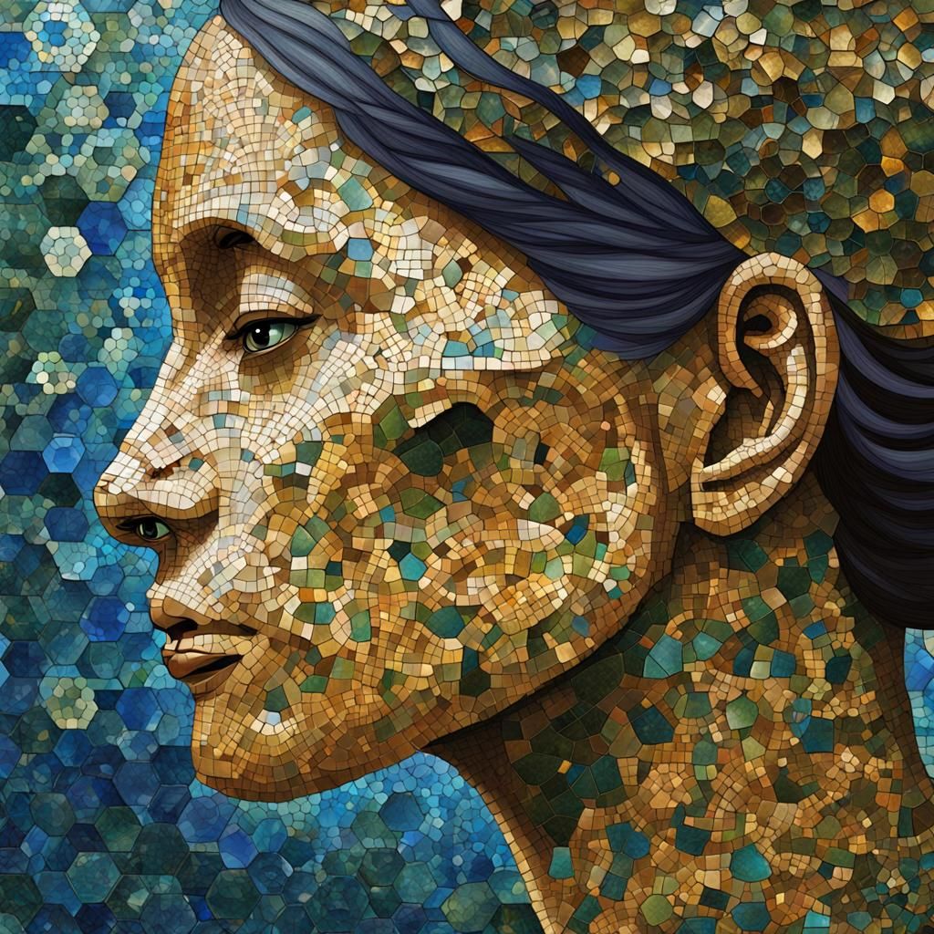 Serene Woman's Face in Digital Mosaic Artwork