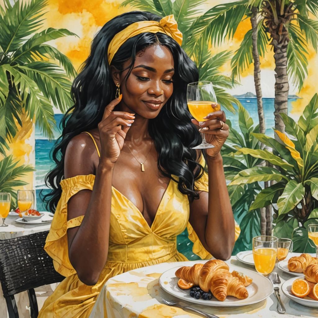 Nigerian Woman in Sundress with Champagne, Acid Wash