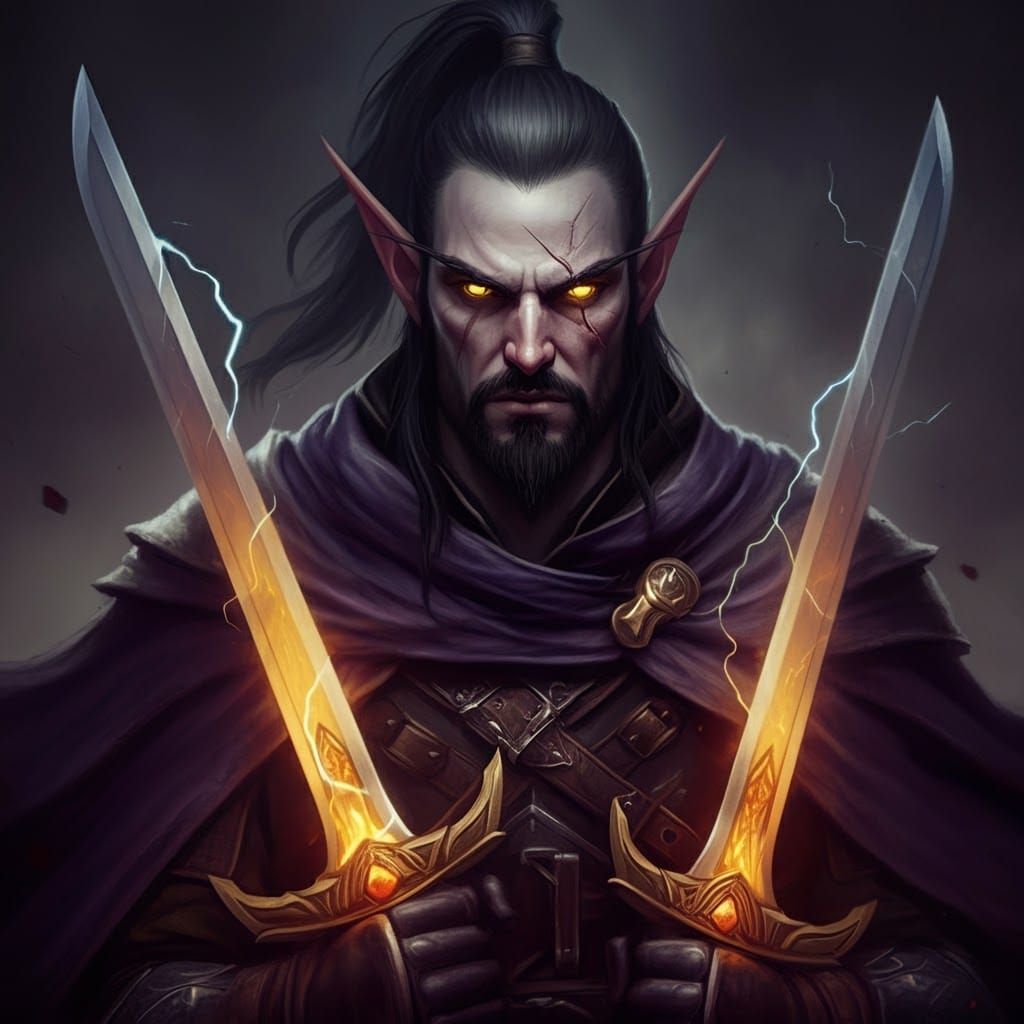 Elf Hunter Wielding Lightning Swords in Digital Art