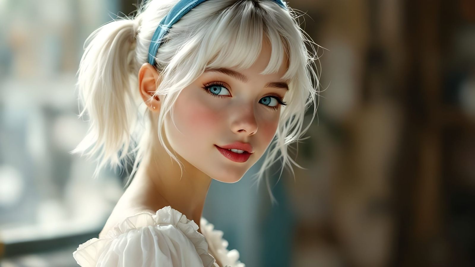 Teenage Girl Portrait with White Hair and Blue Eyes