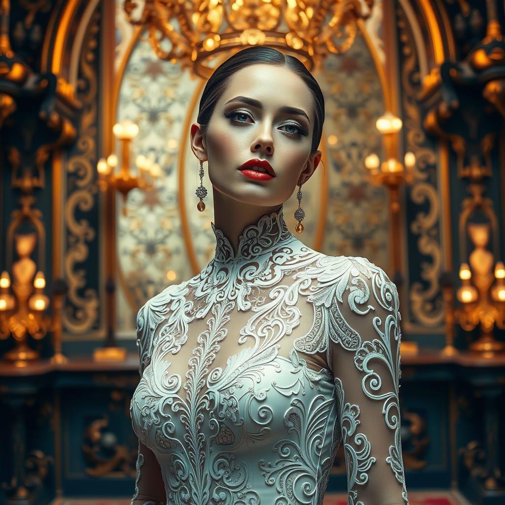 Hyperrealistic Woman in Intricate Latex Dress