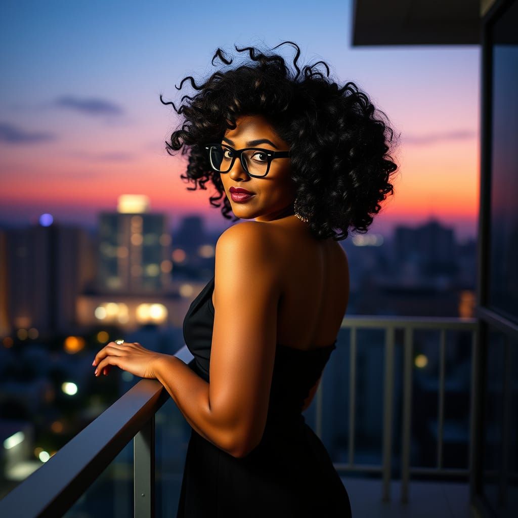 Curvy Woman on Balcony at Twilight, Cinematic Film Still
