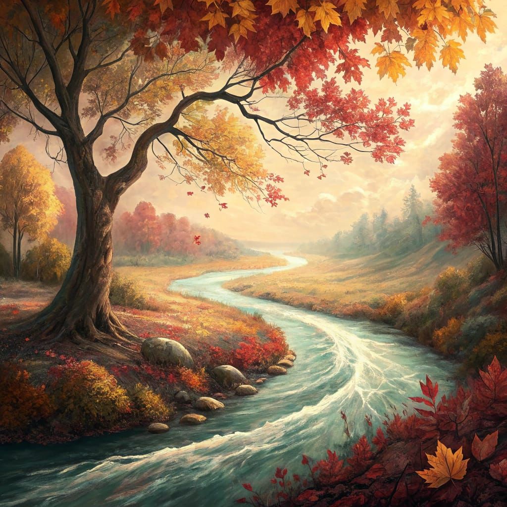 Surreal Autumn River of Leaves Dreamscape in Watercolor Styl...