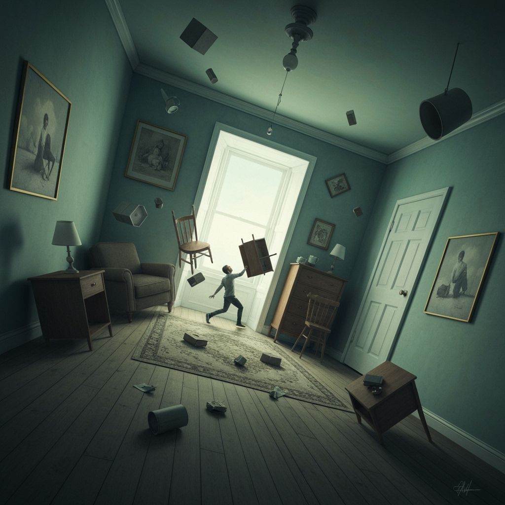 Surreal Tilted Room with Floating Objects