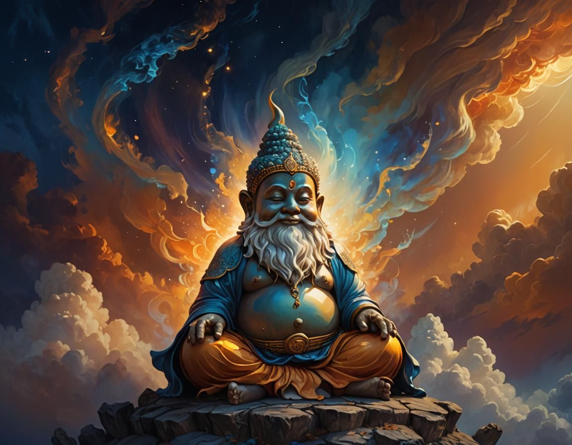 Djinn Buddha Gnome Meditating in Sky: Oil Painting