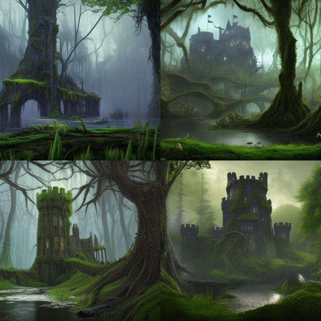 Moss-Covered Castle in a Swamp: Detailed Matte Painting