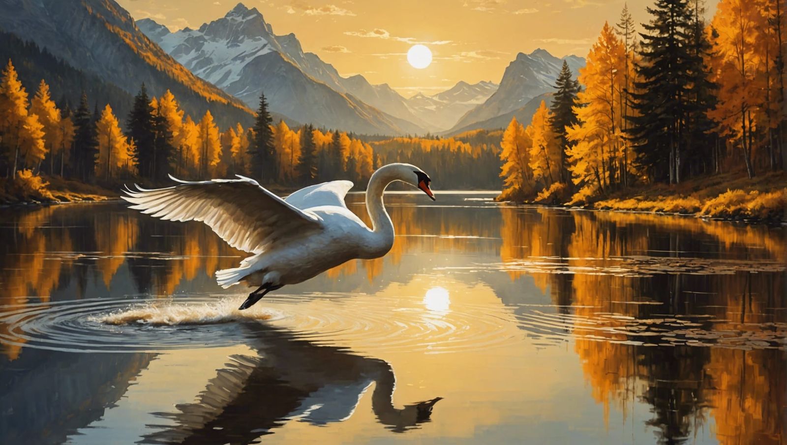 Golden Swan Landing: Gouache Watercolor Masterpiece