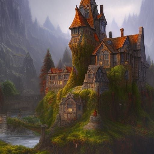 Fantastical Little Castle Concept Art in Detailed Matte Pain...