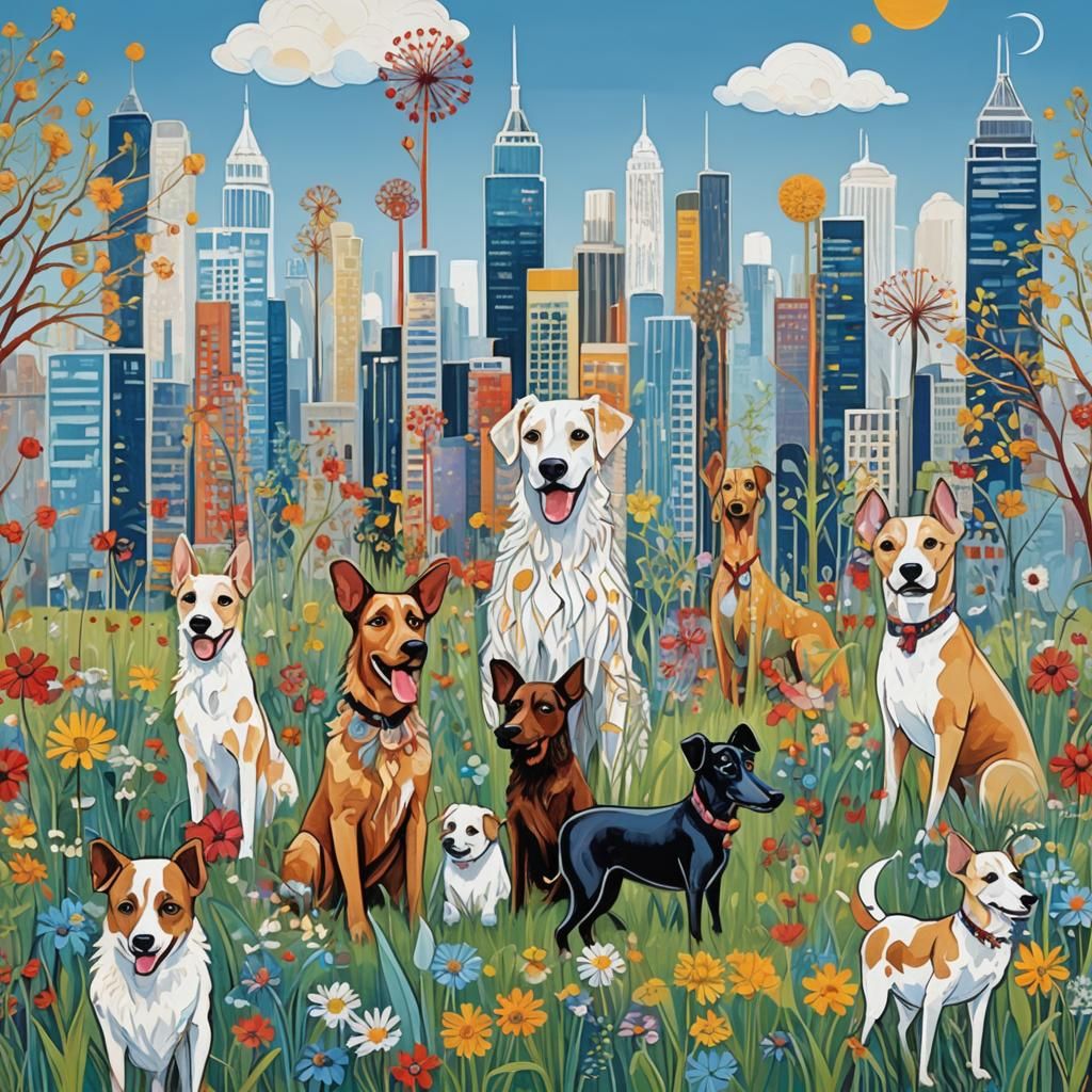 Abstract Cityscape with Stylized Dogs and Flora