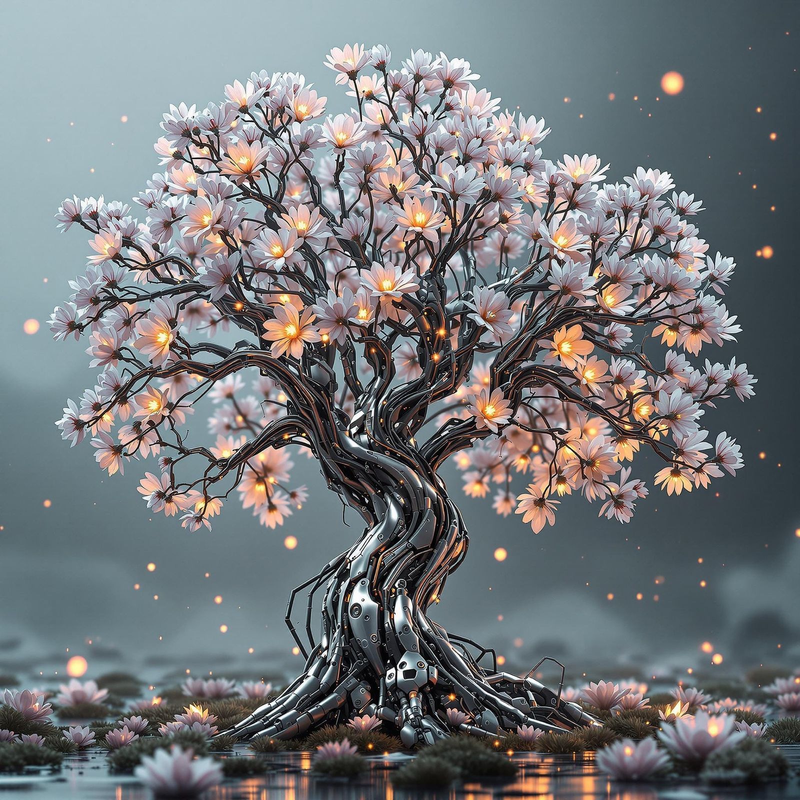 Surreal Cybernetic Tree Blooms Mechanical Flowers
