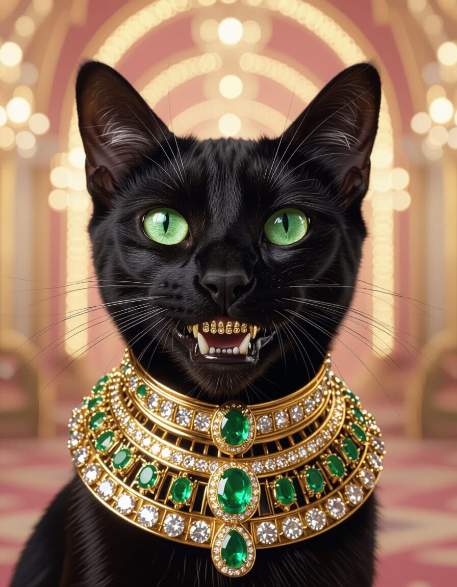 Smiling Egyptian Mau Cat in Art Deco Opulence
