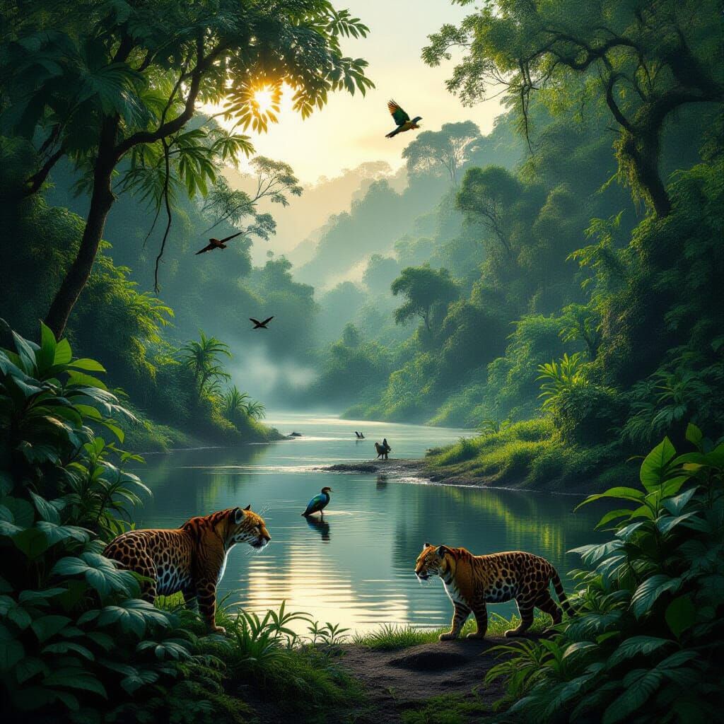 Amazon Rainforest at Dawn: Ultra-Realistic Photorealism