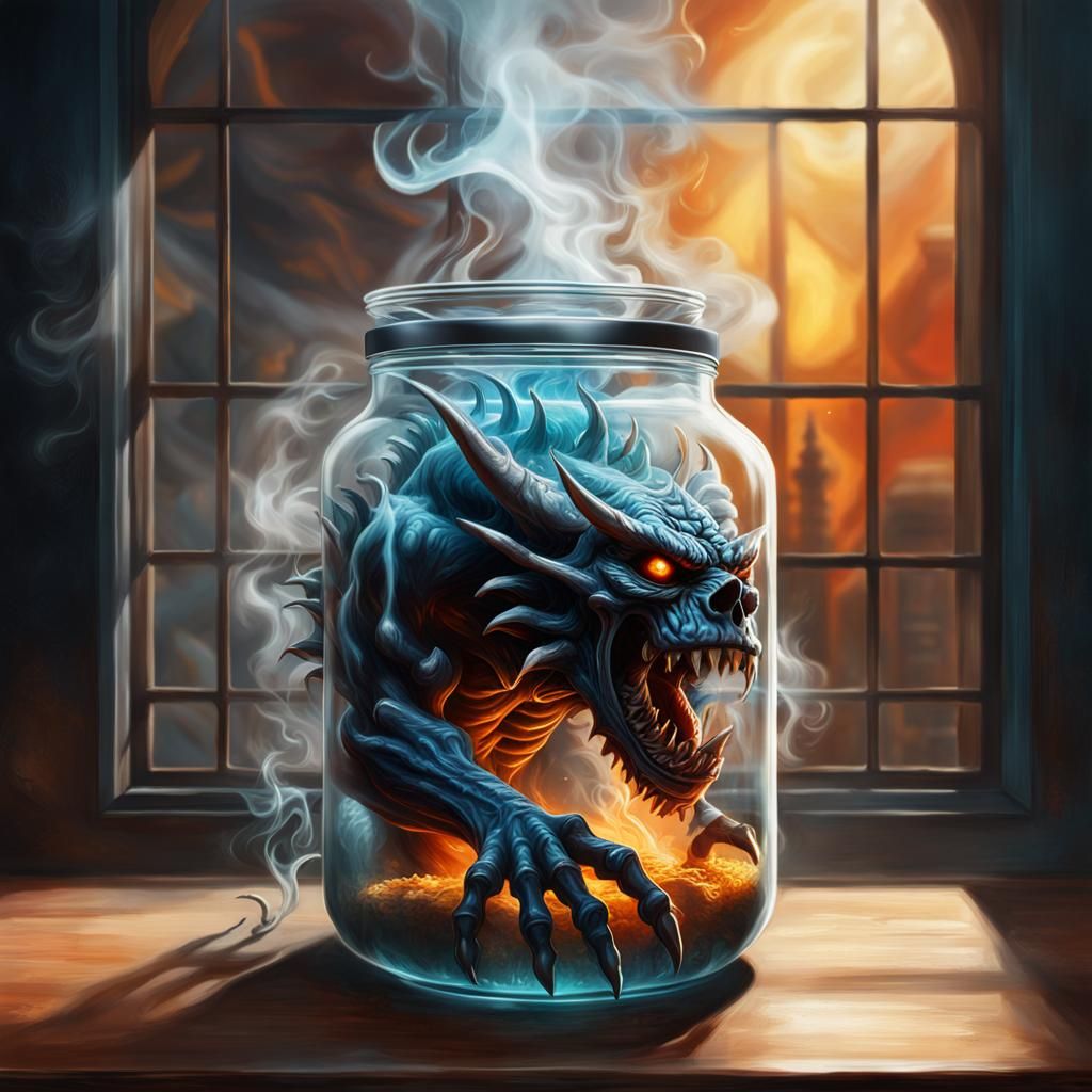 Smoke Demon Trapped in Glass Jar: Hyperrealistic Art