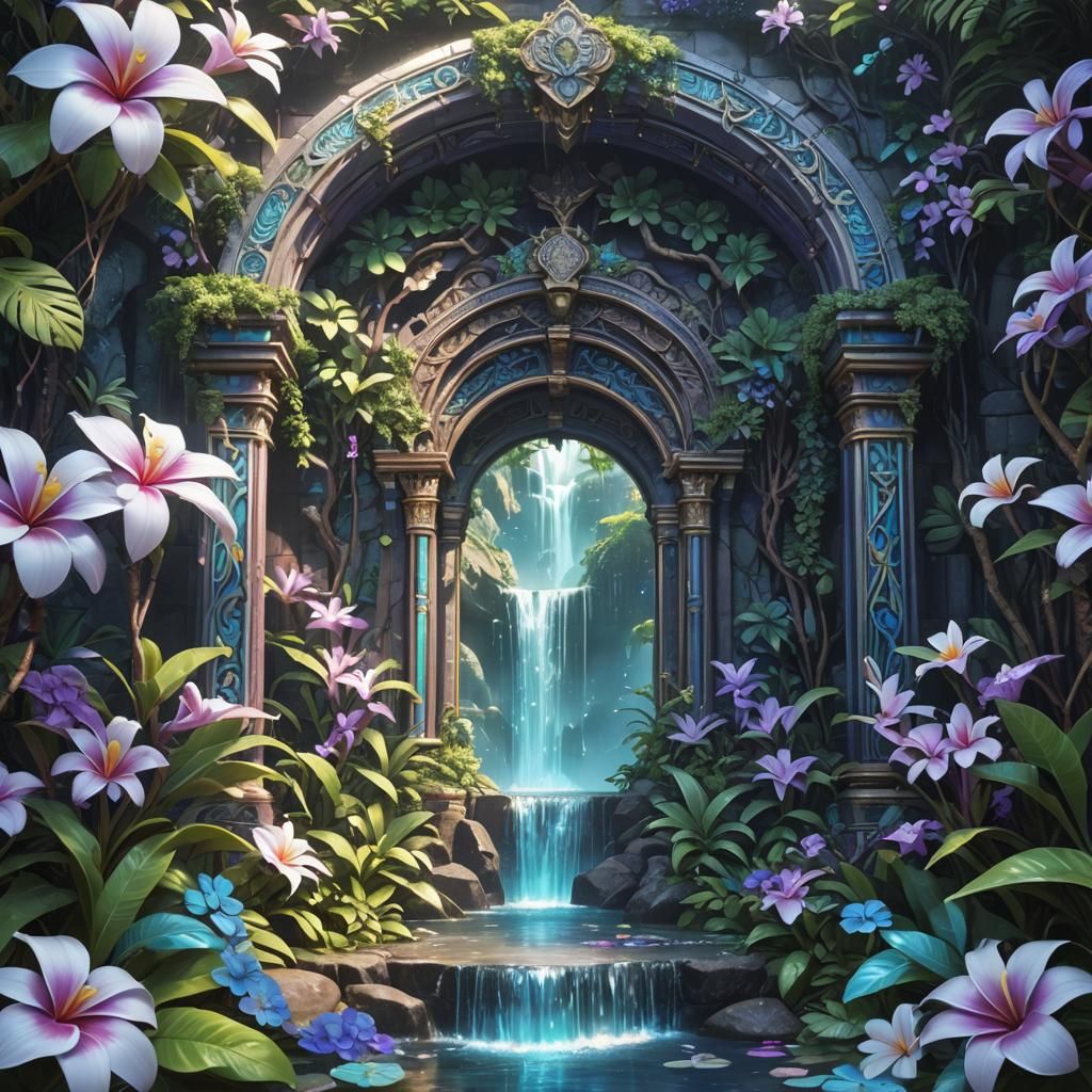 Holographic Jungle Waterfall Portal in Anime Style