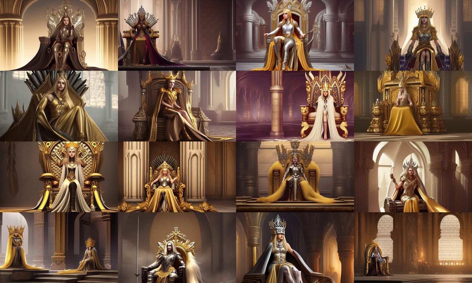 Blonde Queen on Throne in Hyperrealistic Style