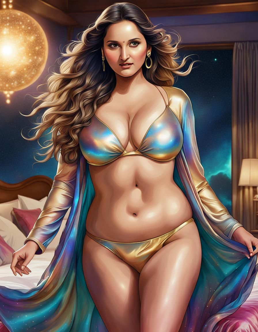 Plus Size Woman in Silky Bikini, Cosmic Illustration