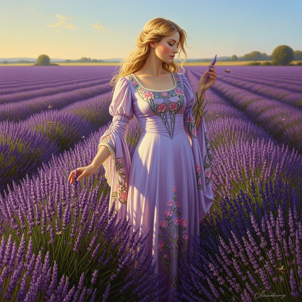 Woman in Lavender Field, Hyperrealistic Art Nouveau